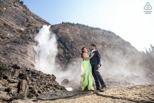 Engaged Indian Couple Wearing stunning traditional outfits at Takakkaw Falls