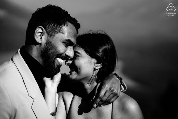 Beautiful portrait of happy couple in black and white during engagement session in Banff.