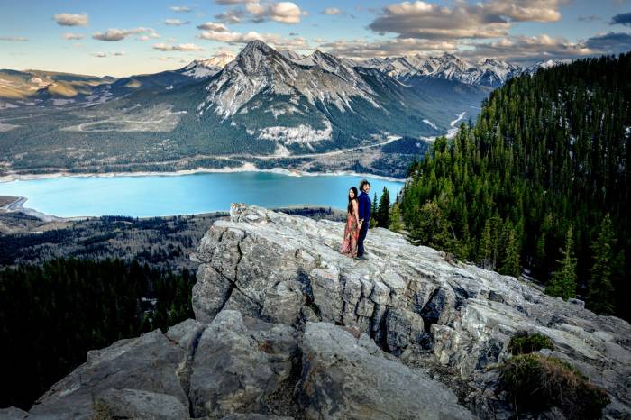 Proposal photography of freshly engaged couple in Banff National Park.