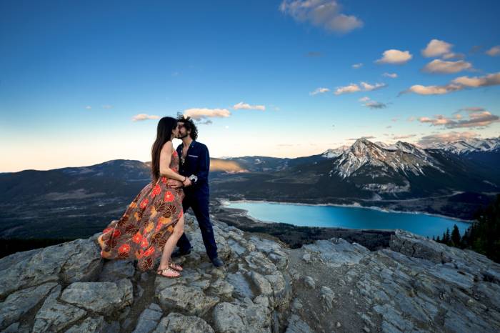 Post proposal photo of couple kissing in the Canadian Rocky Mountains.