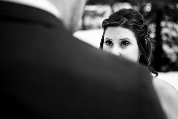 Bride cries during Banff elopement.
