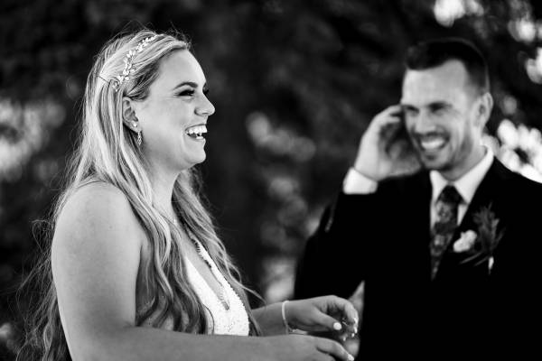 Bride and Broom laughing during Banff wedding