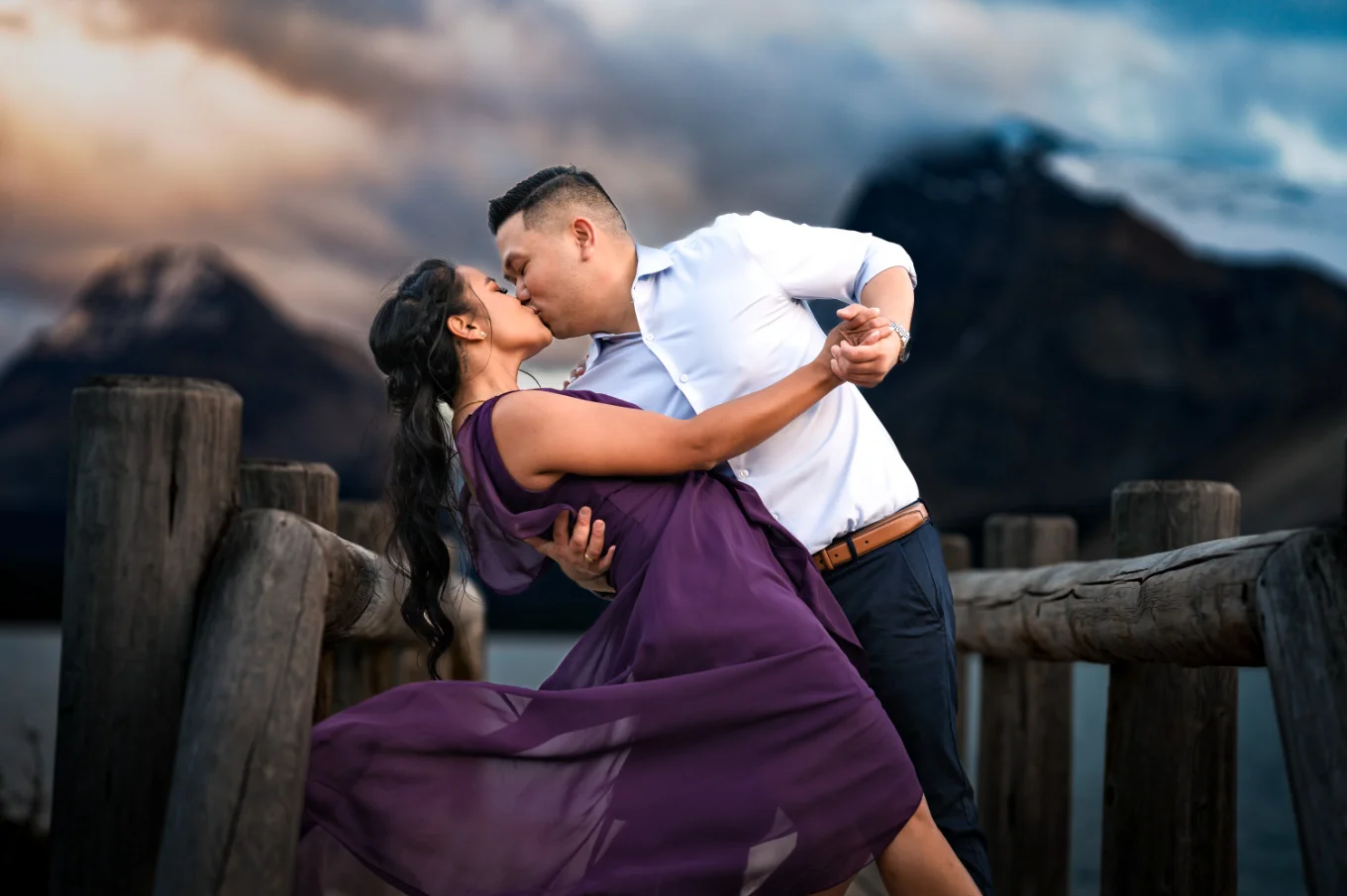 Engaged couple kiss during Banff engagement session