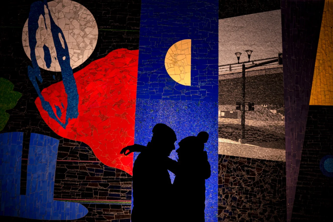 Incredible creative photograph of silhouette couple in love against mosaic wall in Calgary.