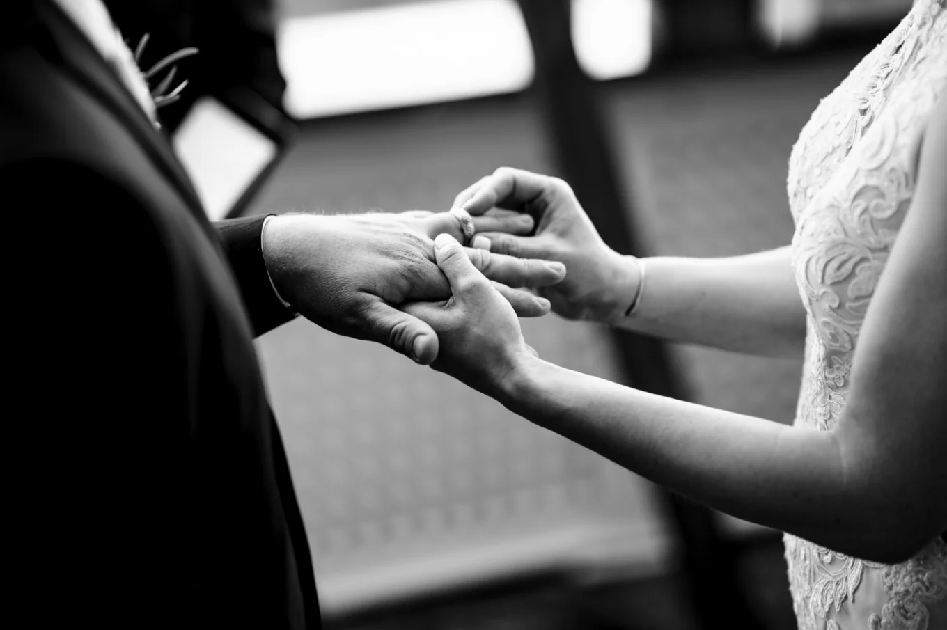 Wedding Ring Exchange in black and white.