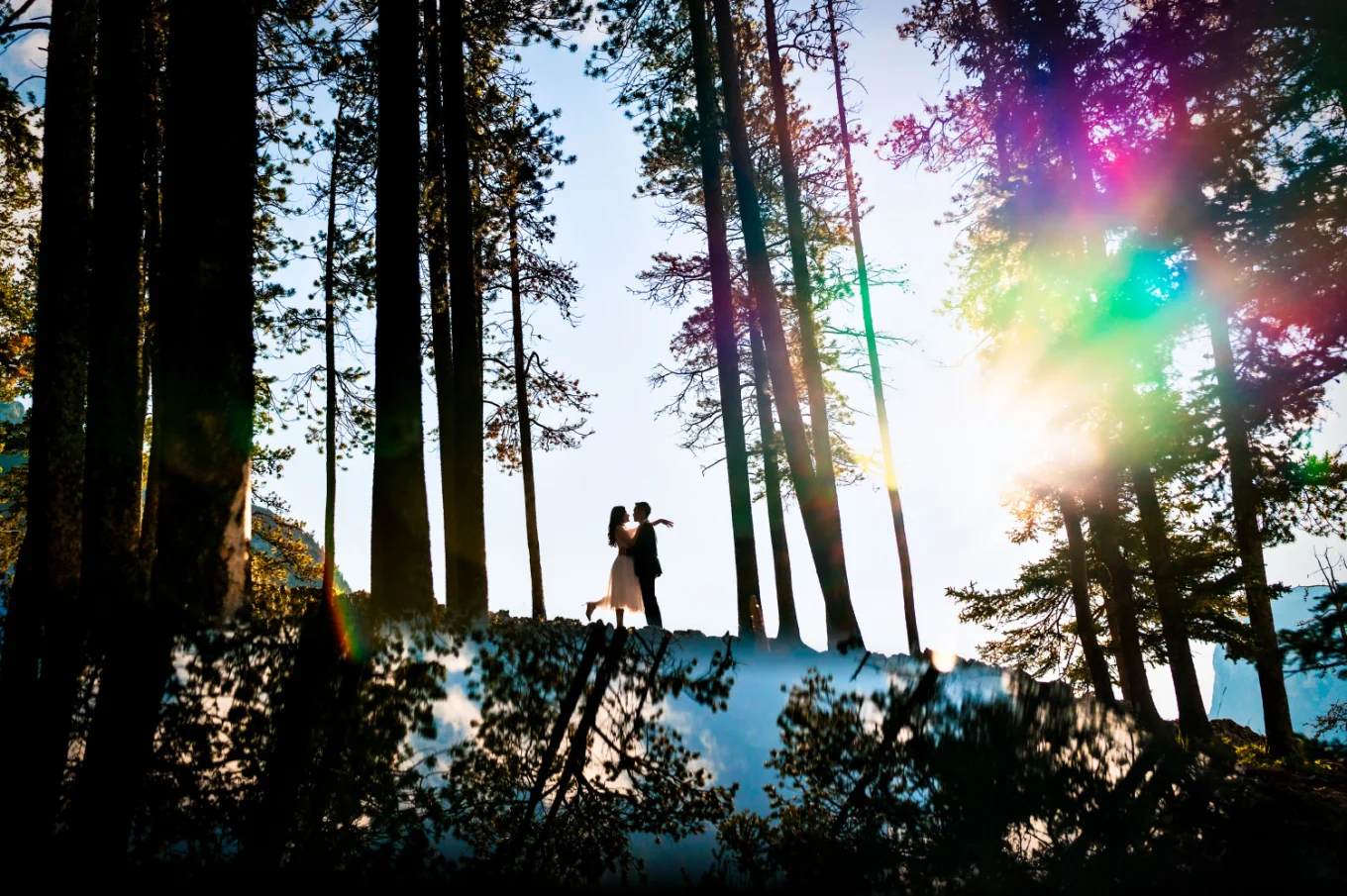 A man and a Woman in a hug facing each other in the woods. On the bottom reflection of the trees.
