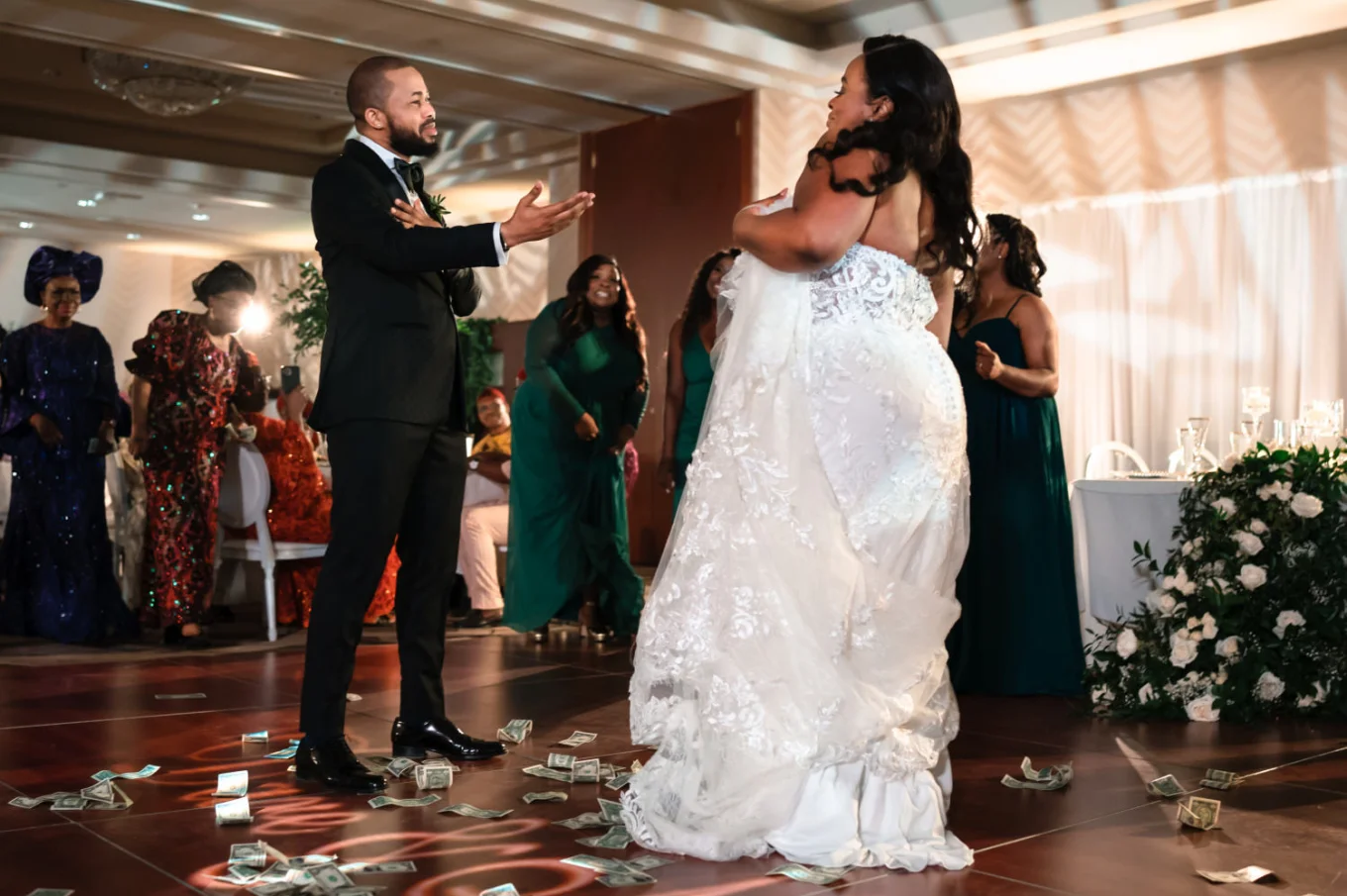 Groom put his hand on tis heart and sing a song to his new wife during the first dance in Sheraton in Calgary.