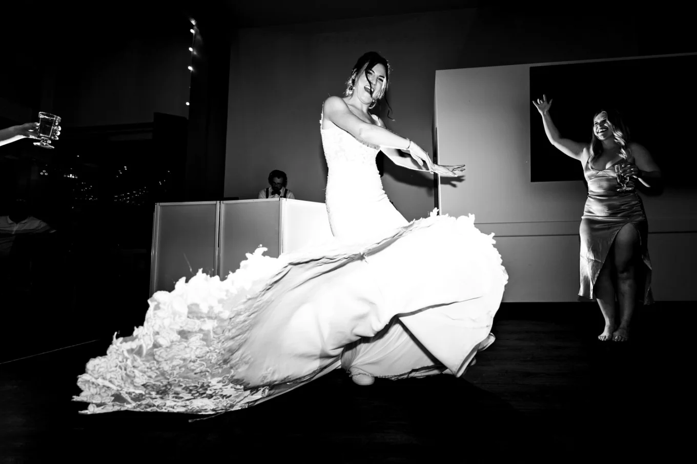 bride dances and her wedding dress flies