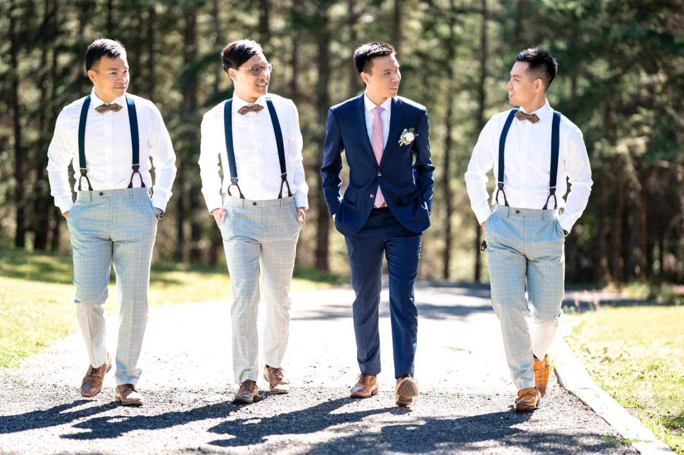 groom and groomsmen walk and talk