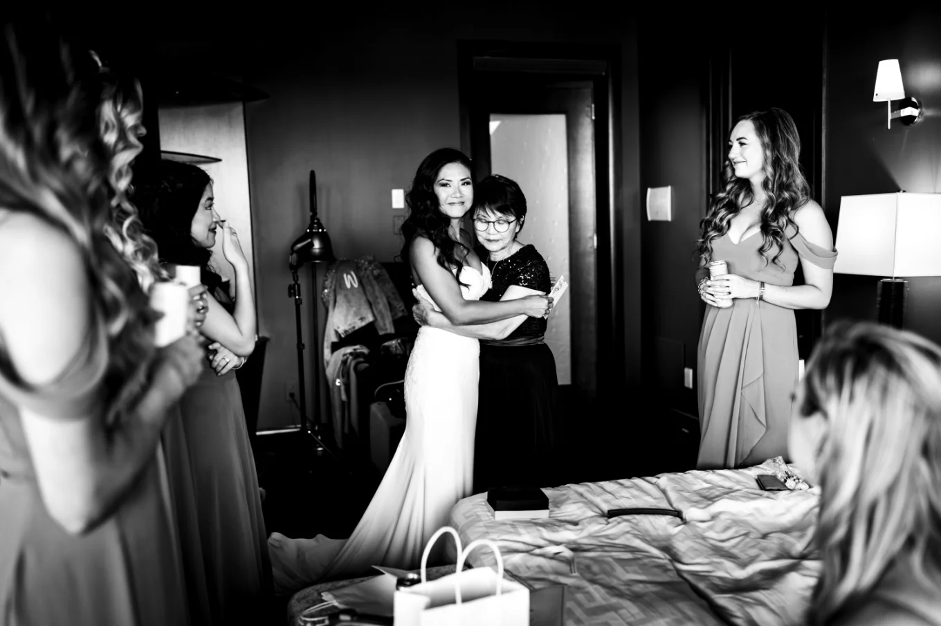 Mother of the bride hugs her before the wedding ceremony in Calgary