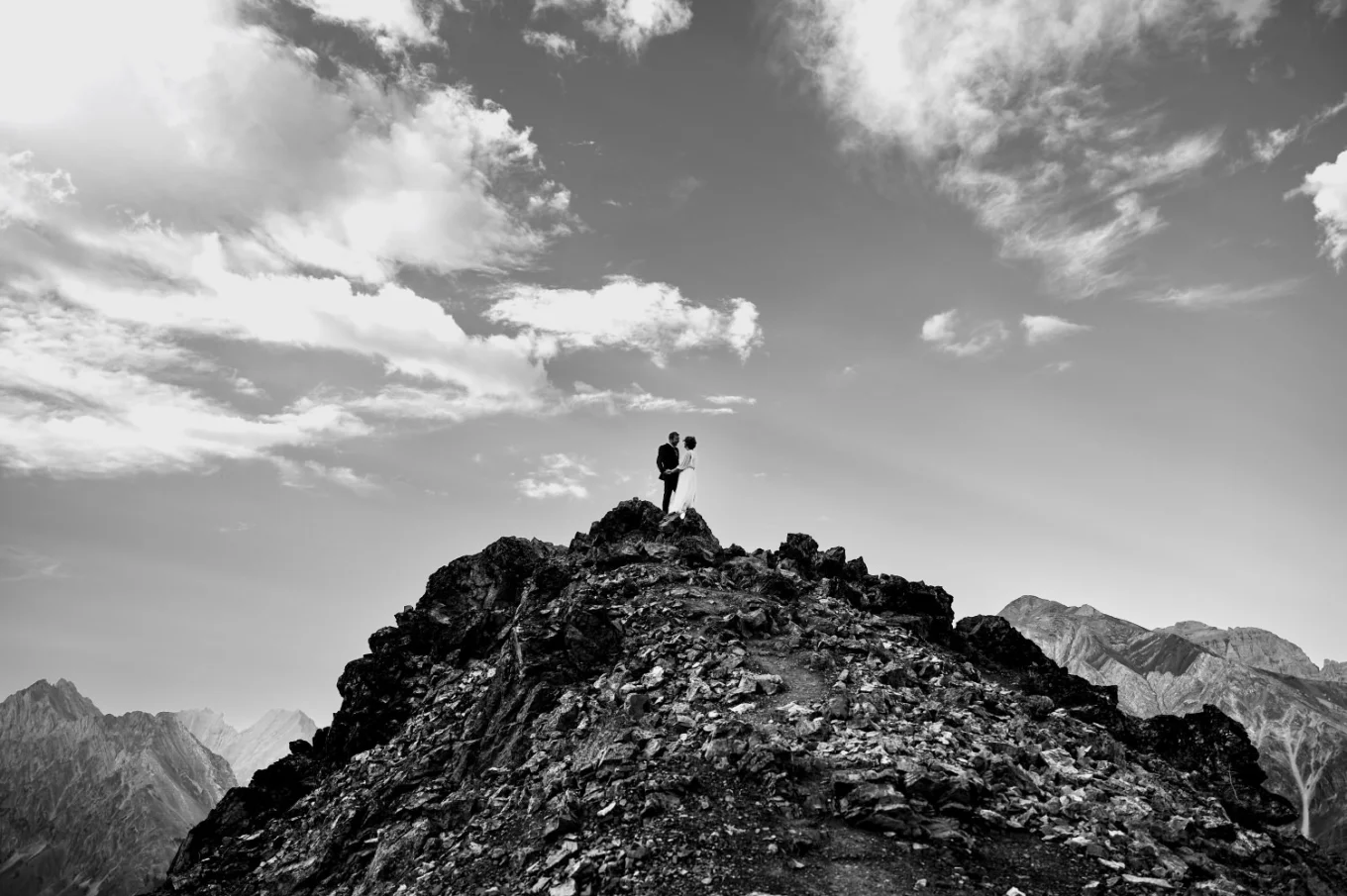 hiking adventure for the banff wedding in black and white