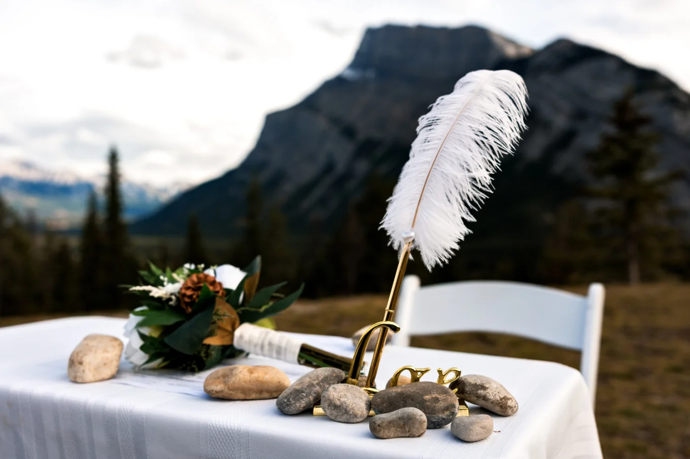 wedding pen against the mountain