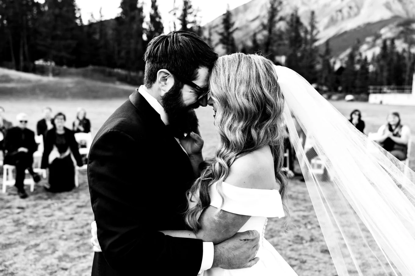 bride and groom touching their foreheads at the Banff Elopement Ceremony.