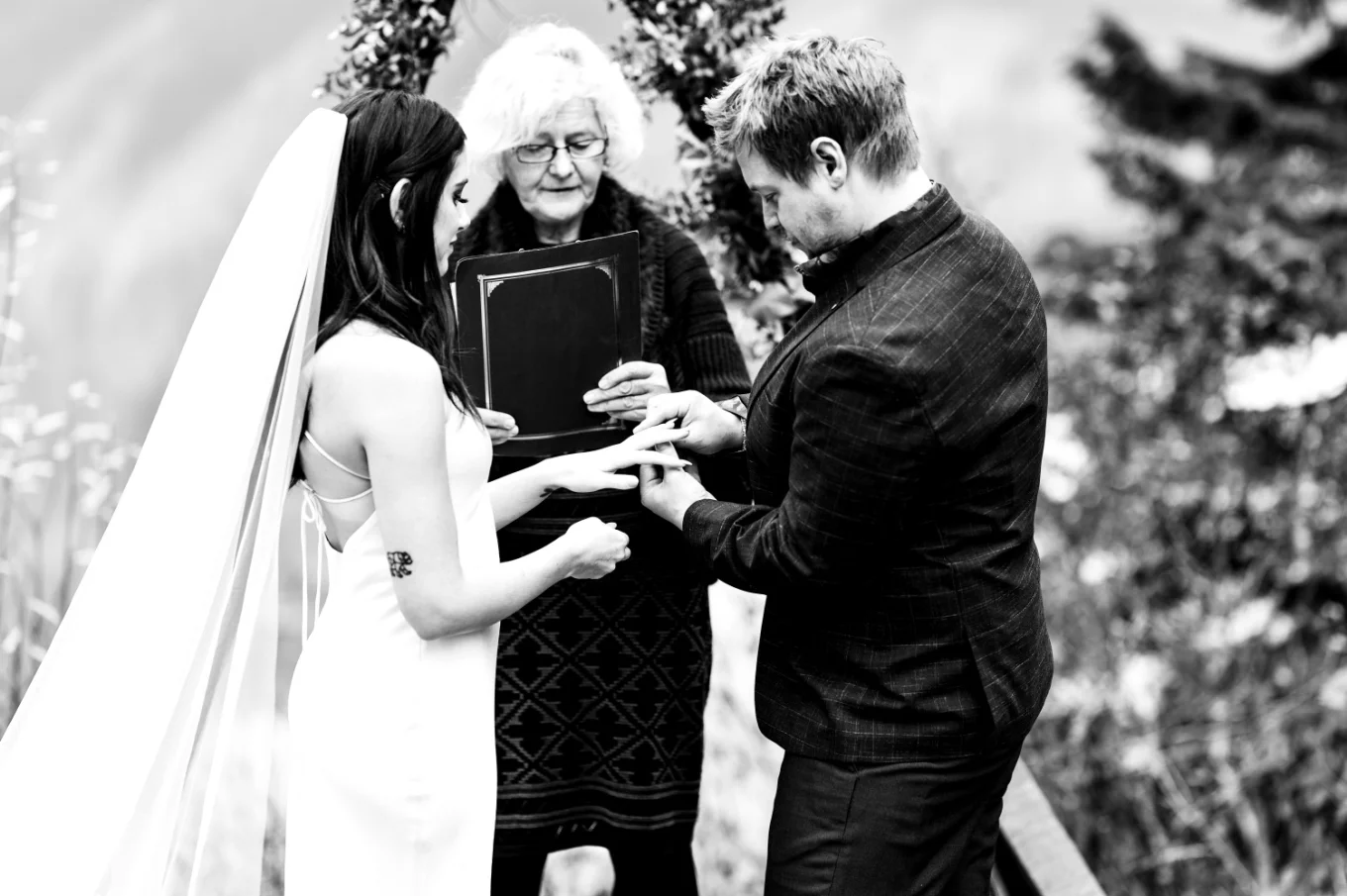 Ring exchange at Banff Elopement Ceremony
