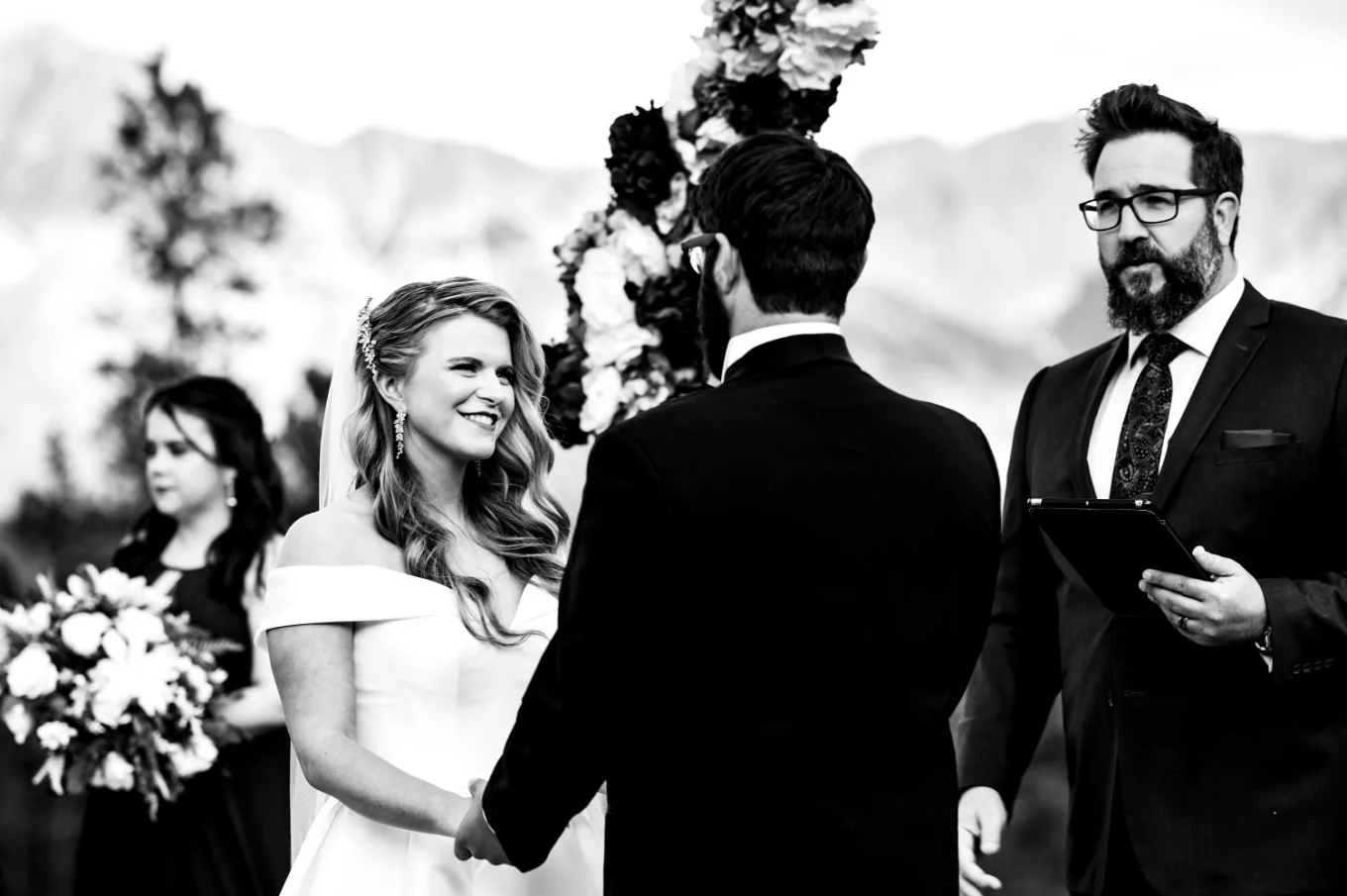 Bride looks at the groom with love and trust at the Banff Elopement Ceremony