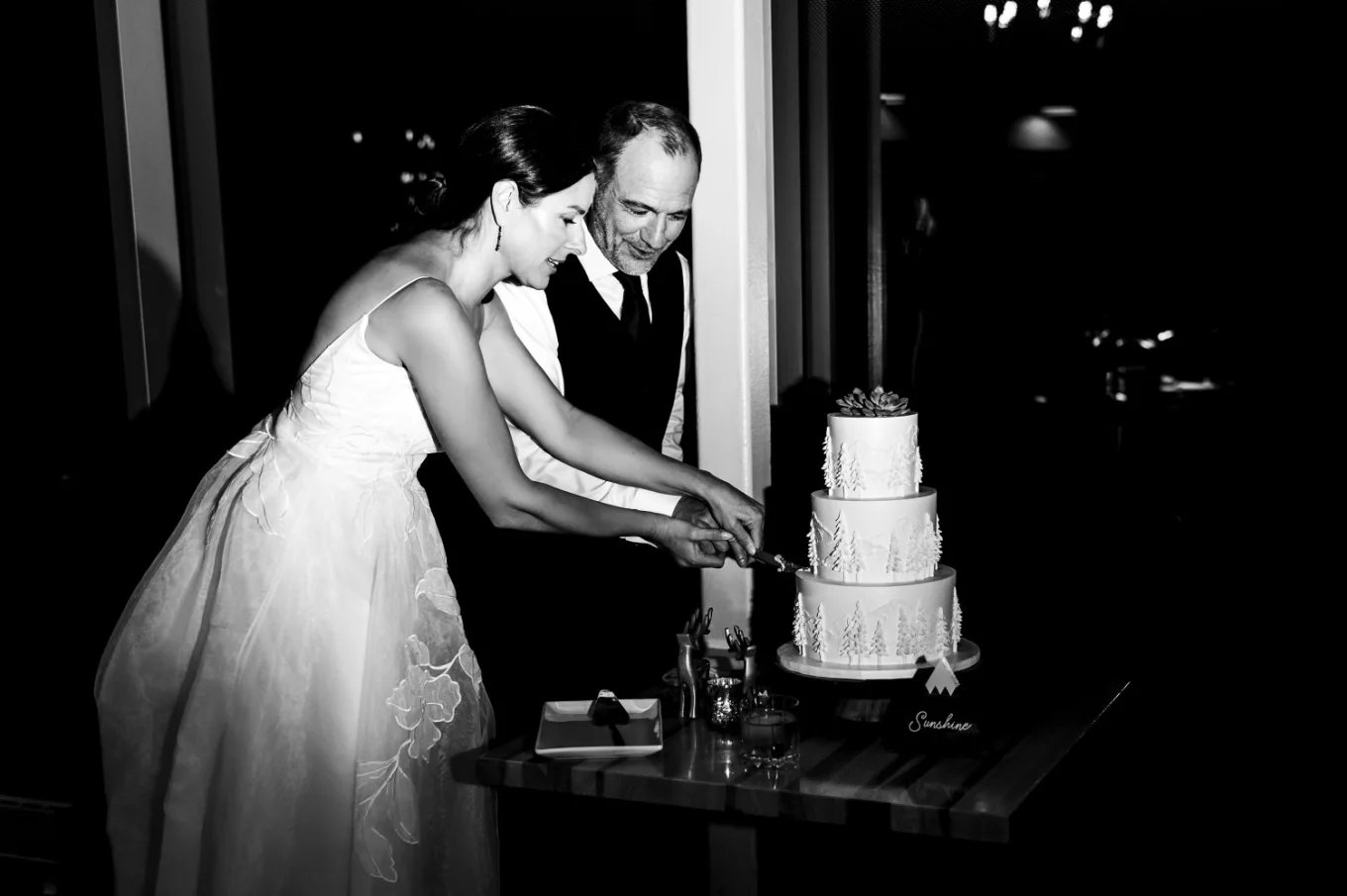 Bride and groom cut the cake