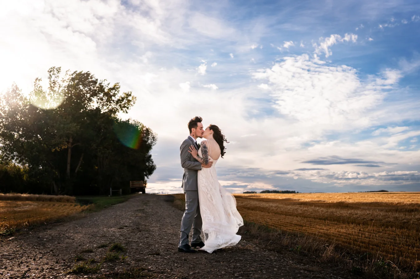 Bride and groom on the Canadian Farm