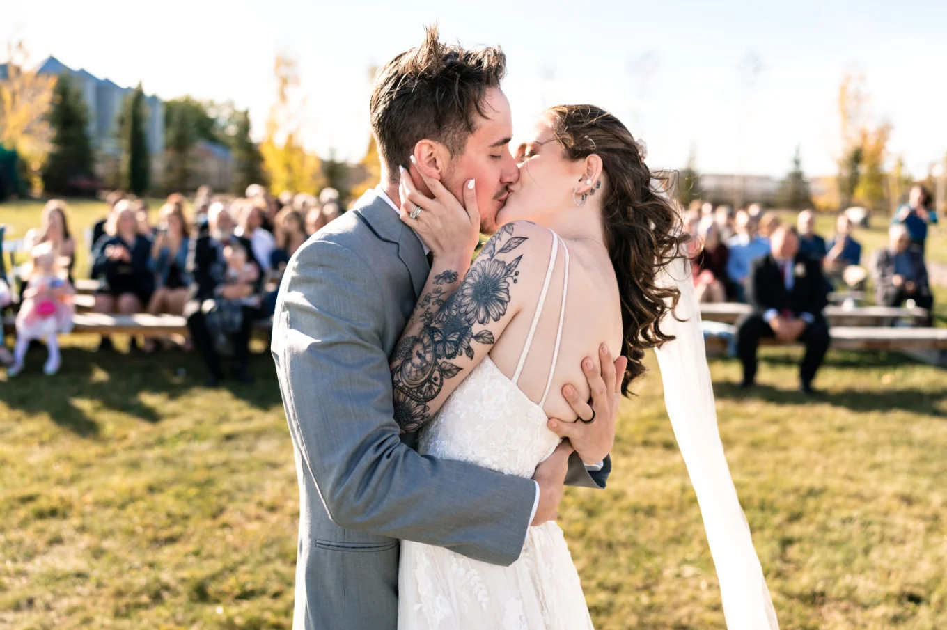 Calgary Wedding Photography of the bride and groom sharing a kiss.