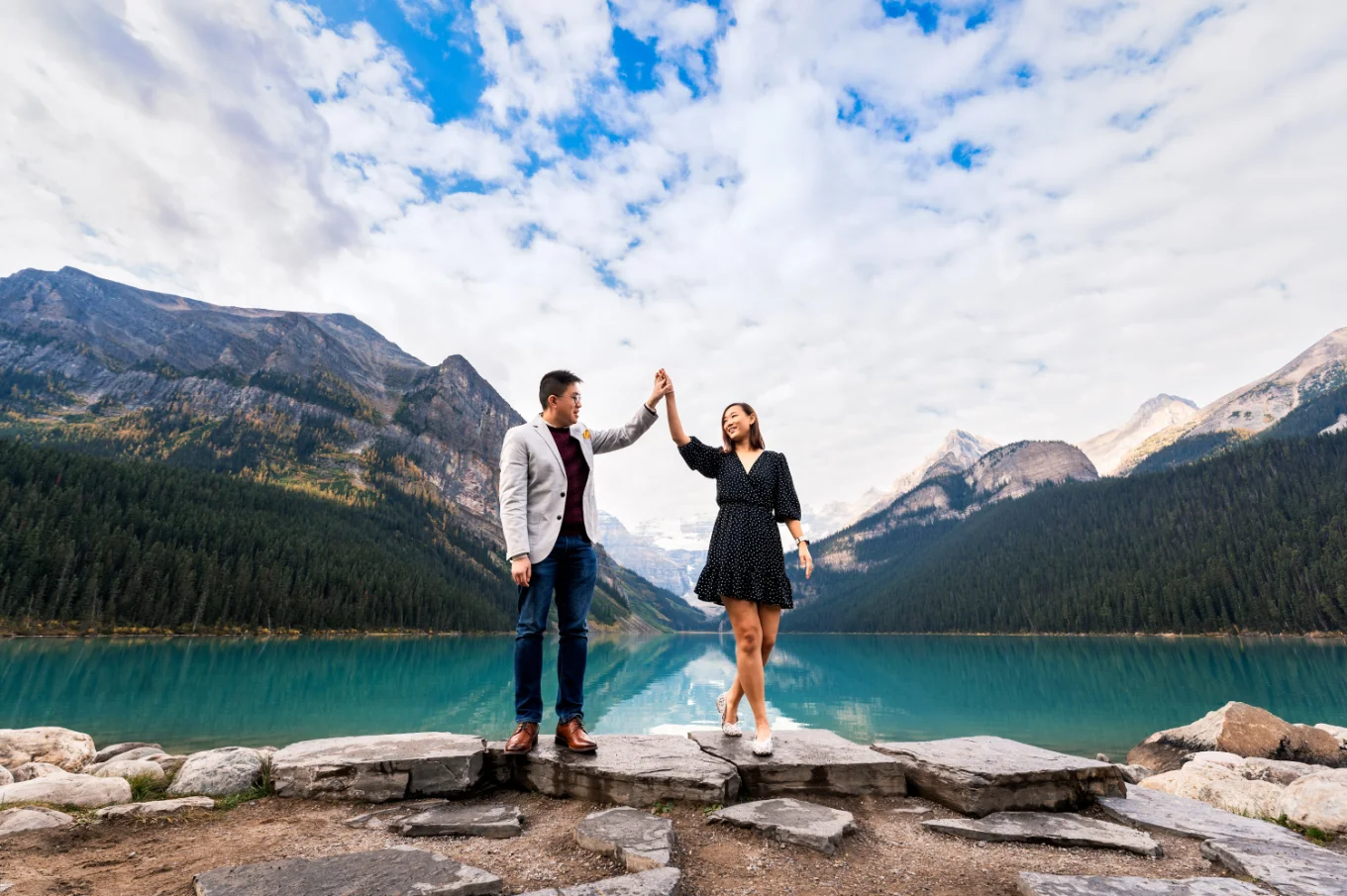 Banff Engagement Photography of dancing couple in the mountains