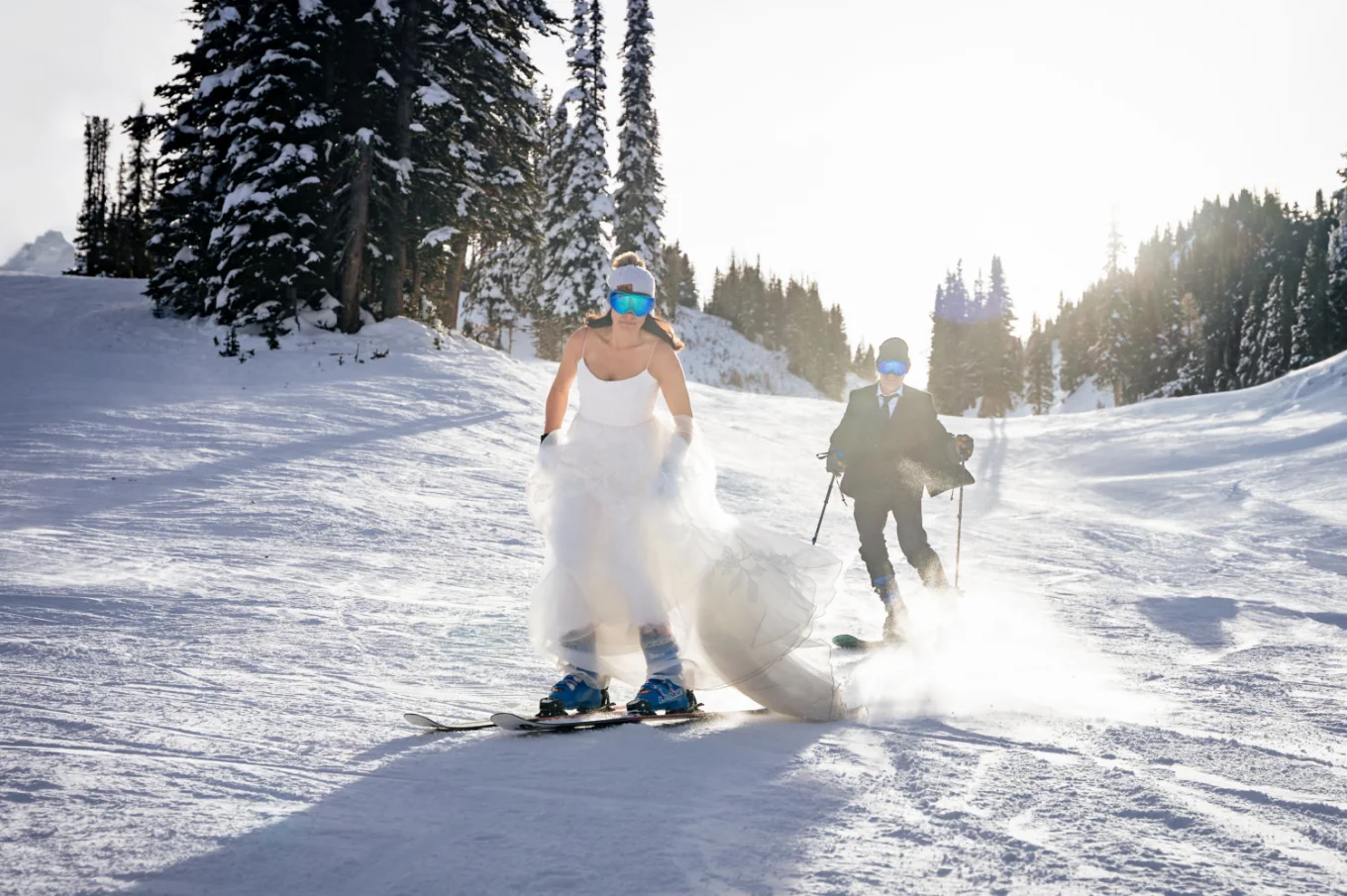 Bride and groom skiing at Sunshine Banff Vilage.