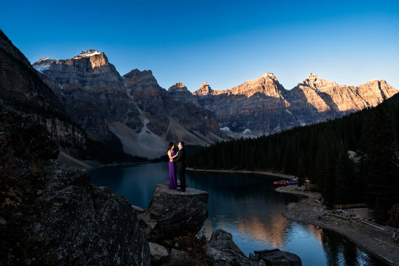 Wedding Anniversaty Session at Moraine Lake against huge mountains