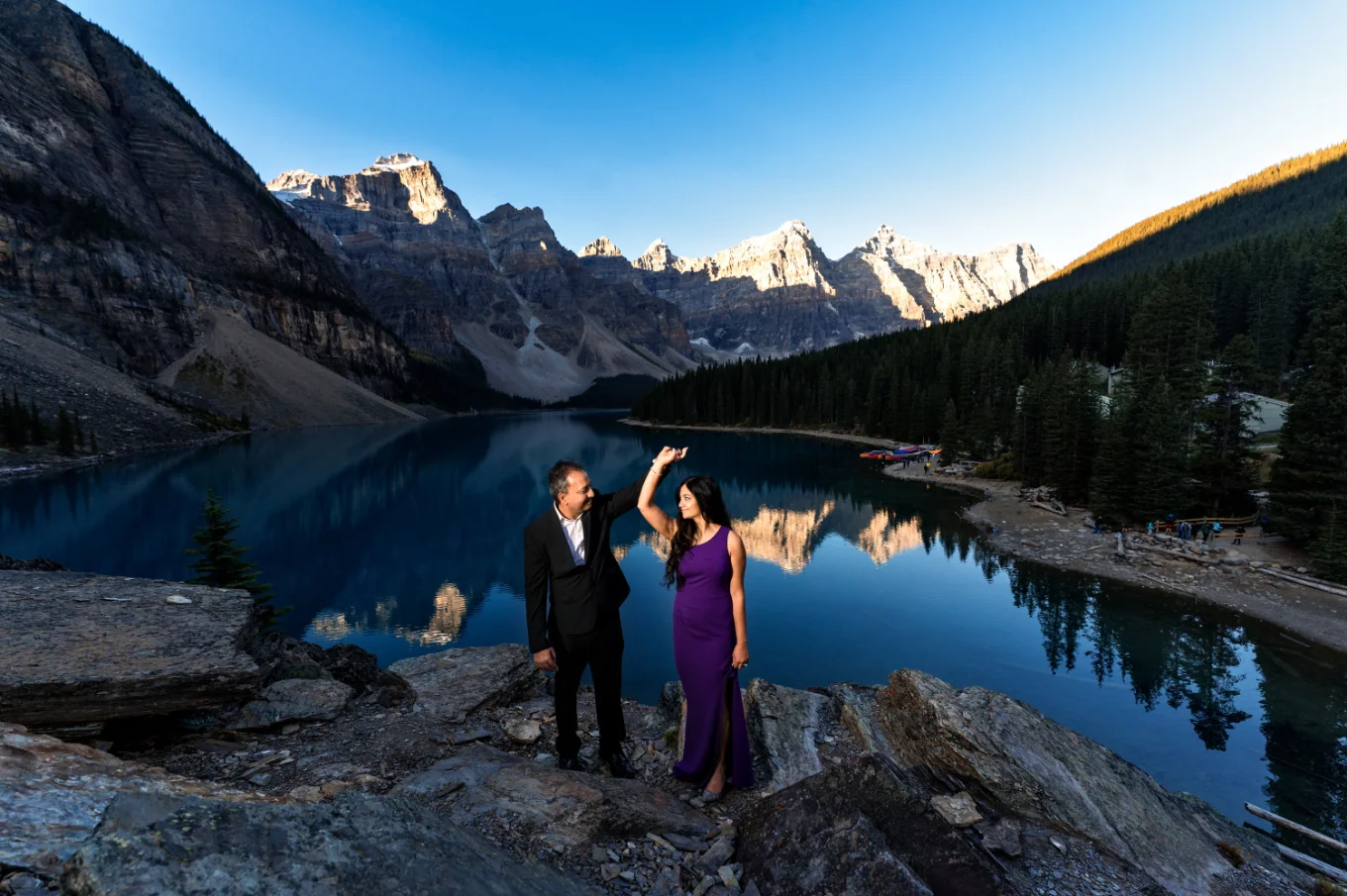 Wedding Anniversary Session at Moraine Lake of the dancing couple.