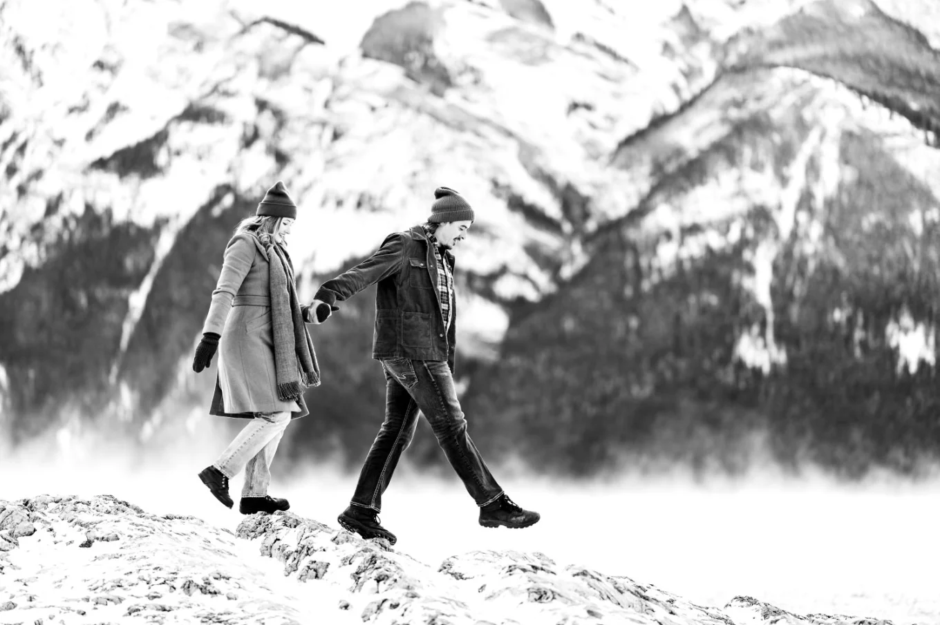 Coupe walks on the shore of the Minnewanka Lake