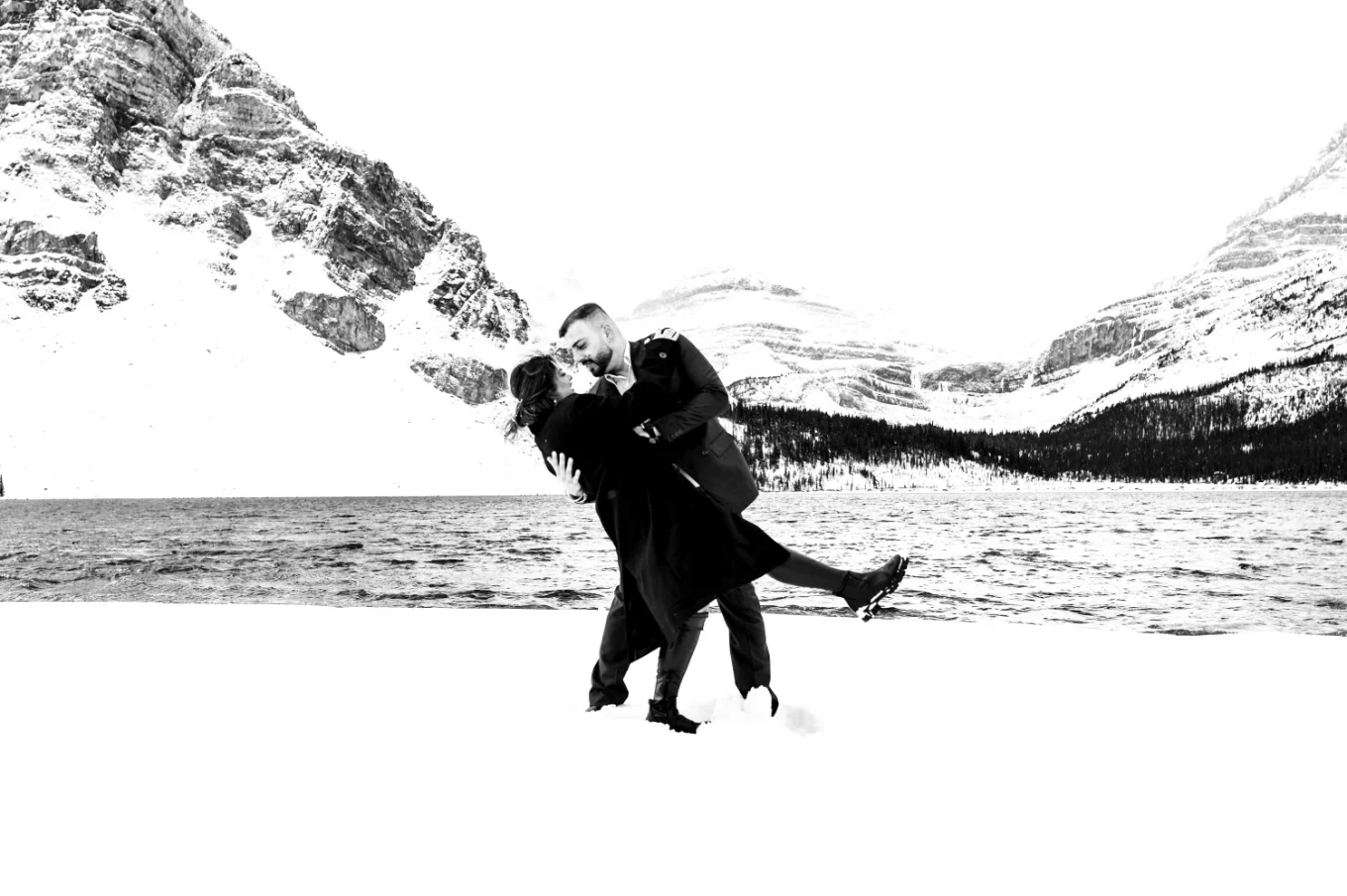Lovers dance at Bow Lake during winter