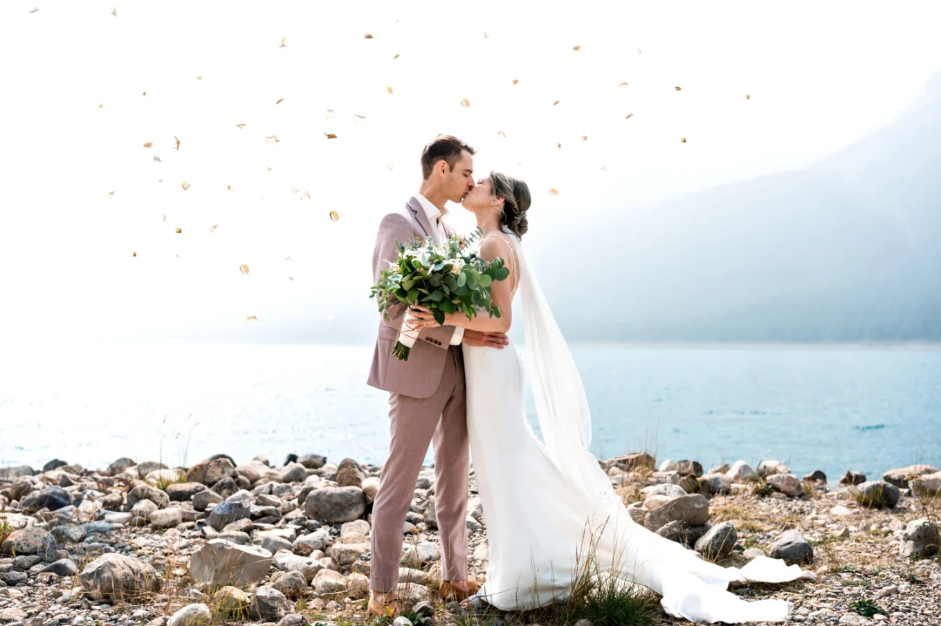 Bride and groom's first kiss after wedding elopement ceremony