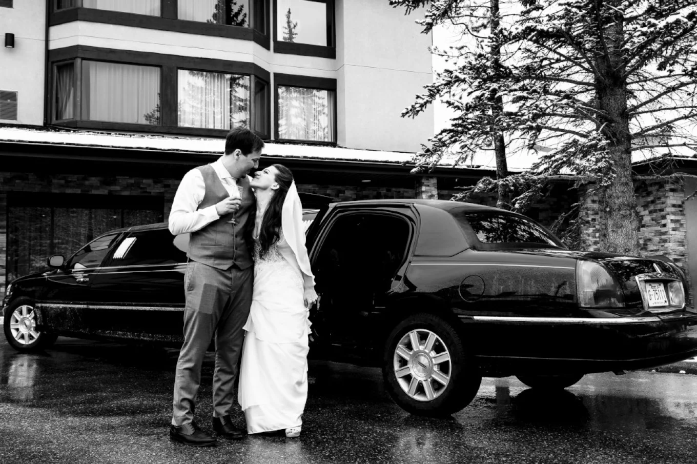 Happy bride and groom in front of the limo