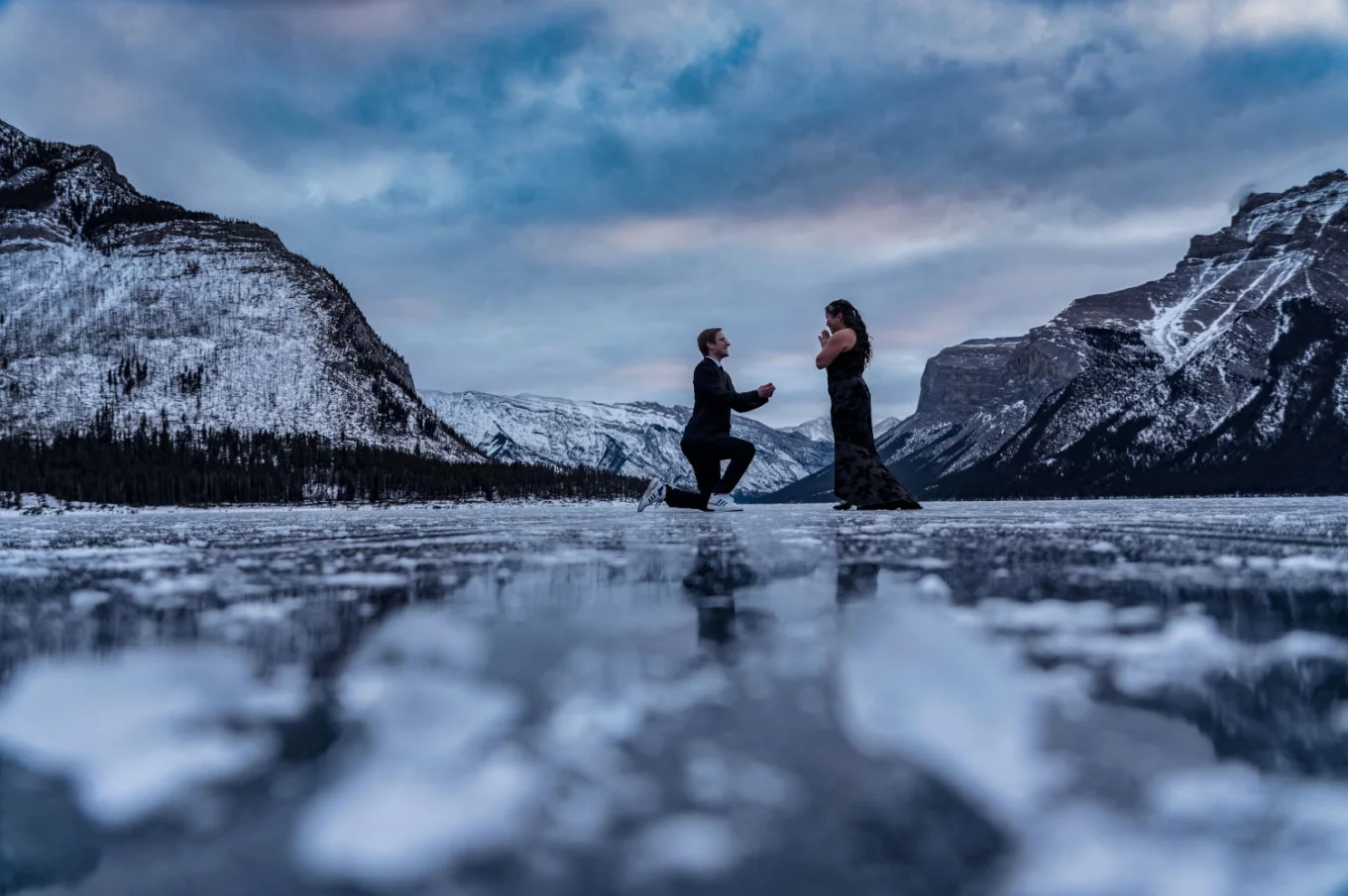 Proposal on one knee during gorgeous sunrise in Banff.