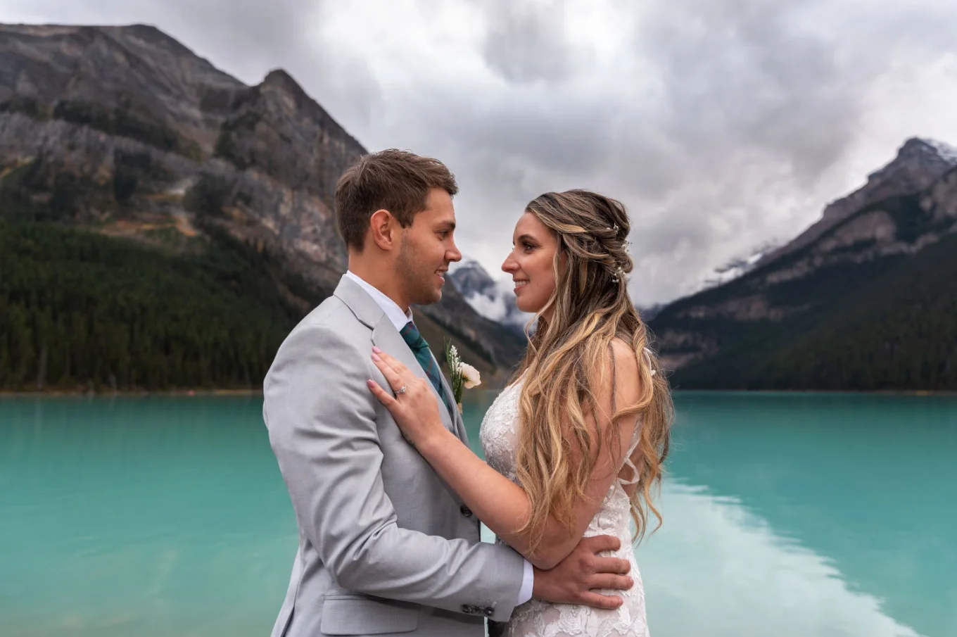 Bride and Groom looking at each other with love after elopement ceremony