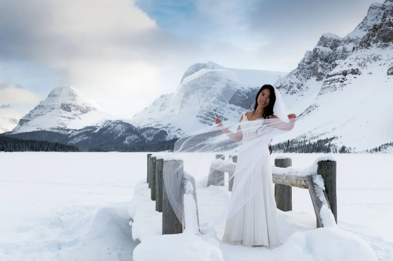 Bridal portrait at Bow Lake in Banff