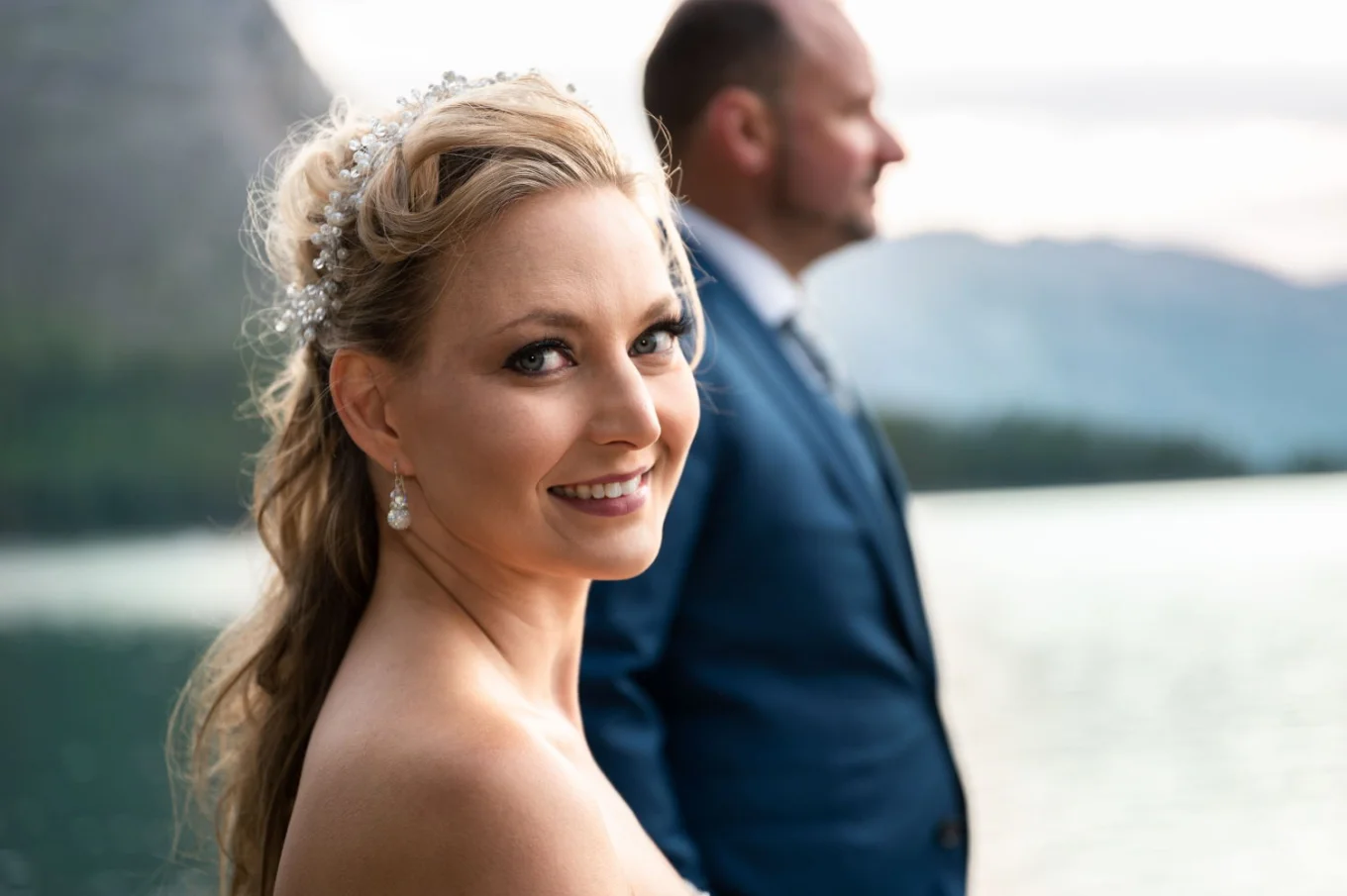 Beautiful bride's portrait at Minnewanka Lake.