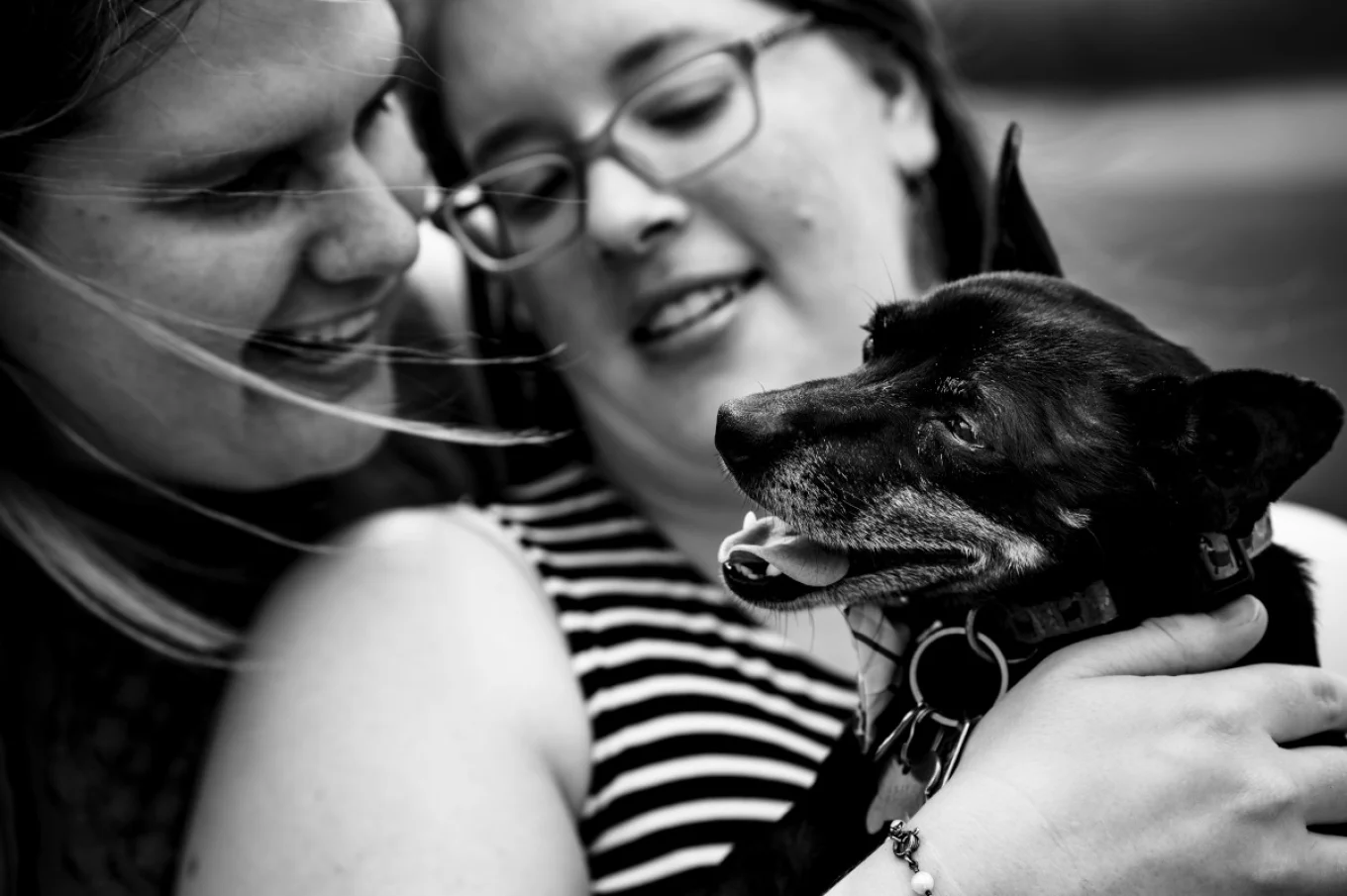 Happy couple look at their dog.