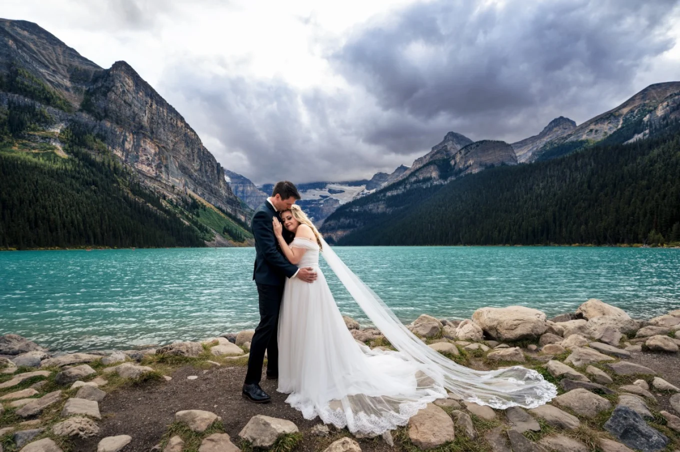 Groom and Bride holds each other during they wedding photo session captured by the best Banff Wedding Photographer.