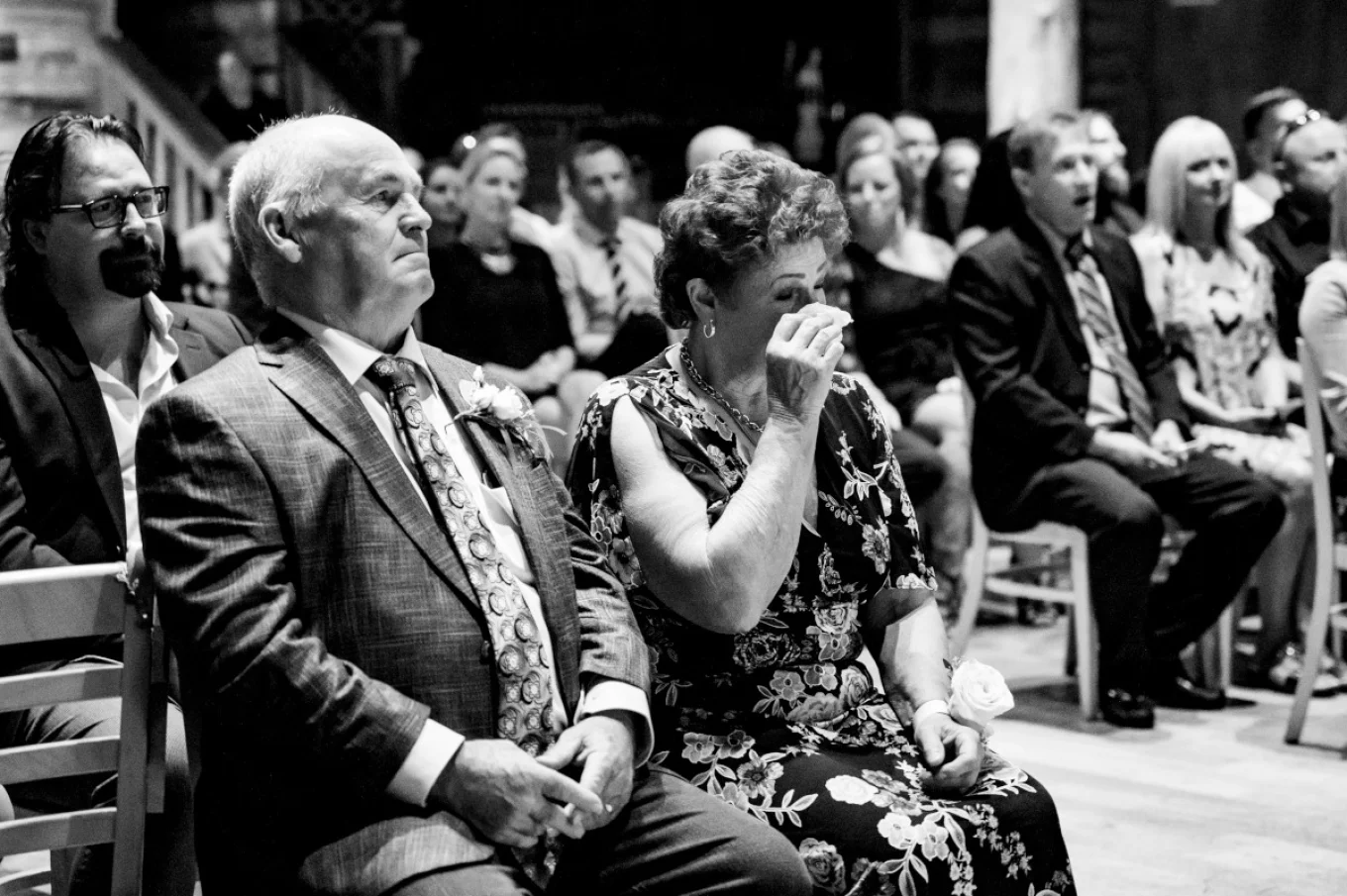 Moved bride's mother is crying during the wedding ceremony in Calgary