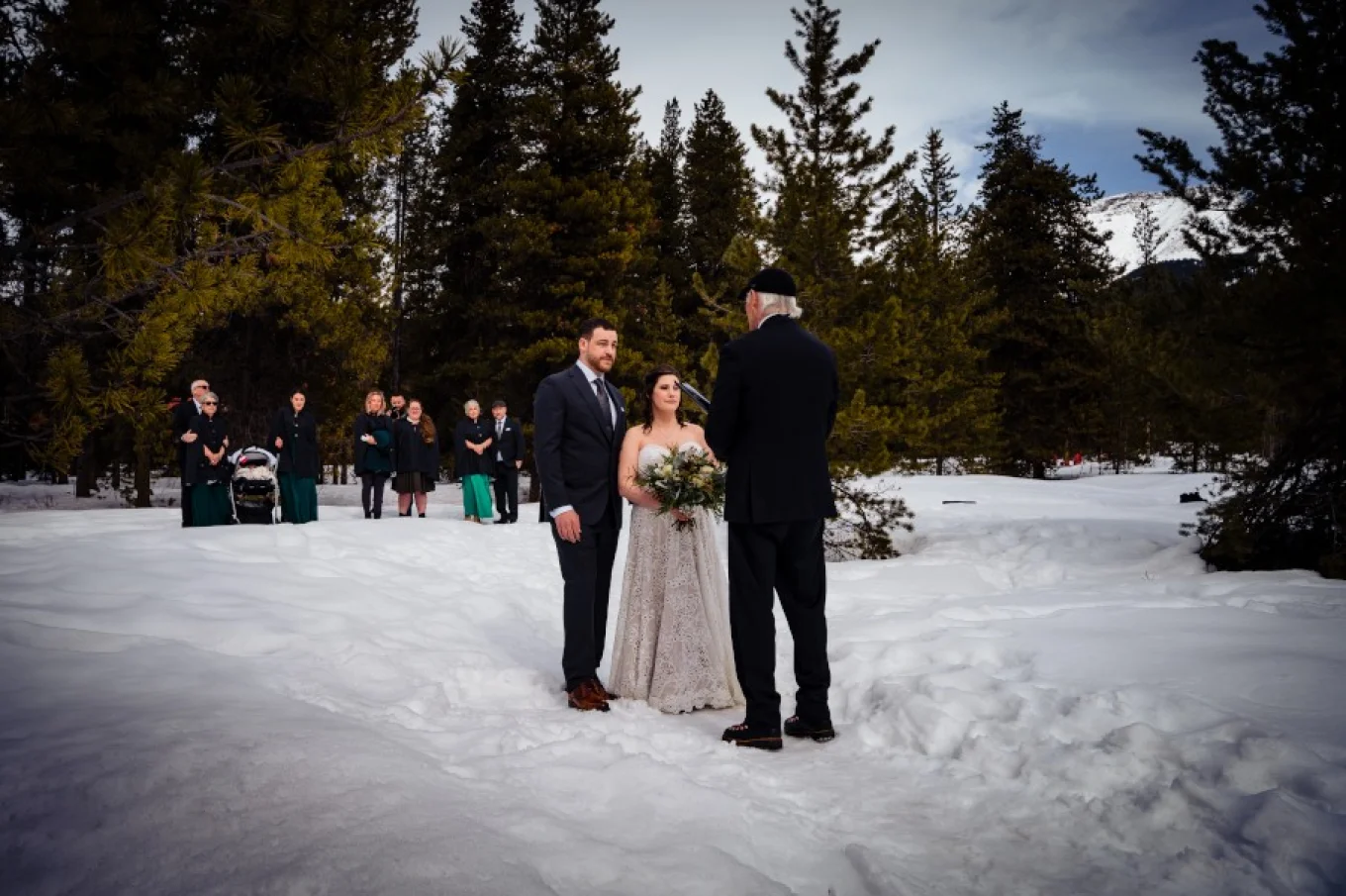 Wedding ceremony in Banff during winter.