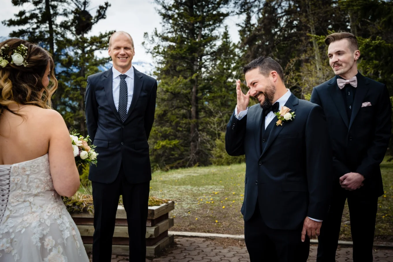 First look during outdoor elopement in Banff.