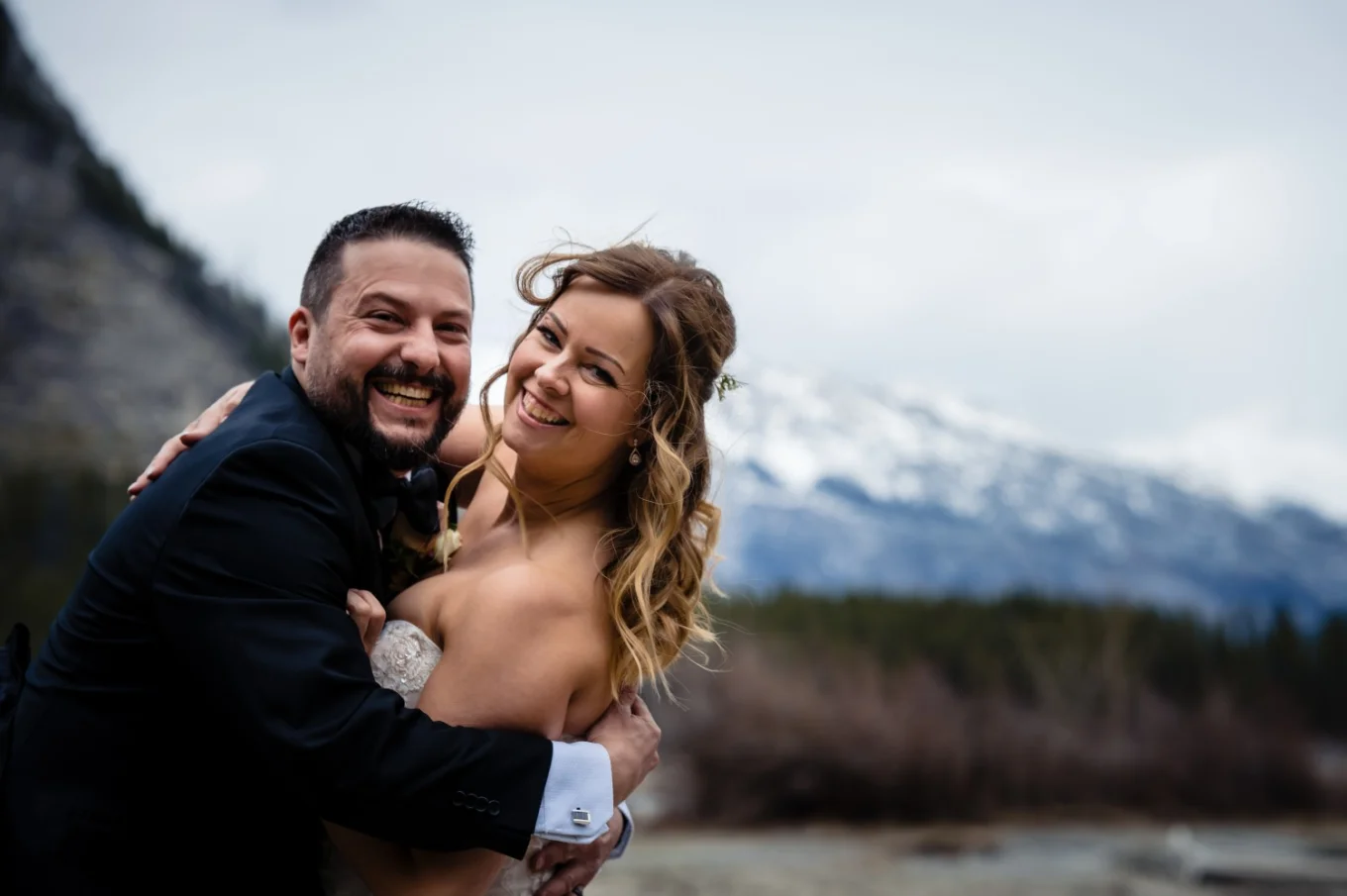 happy newlyweds portrait having fun and smile into camera.