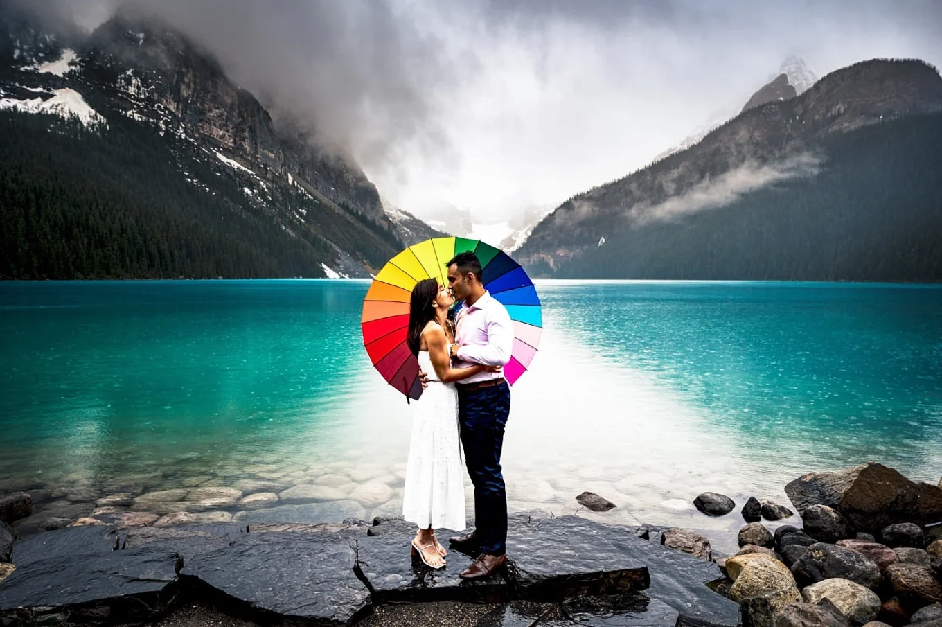 Beautiful dressed couple look at each others eyes under an umbrella during rainy day at Lake Louise.