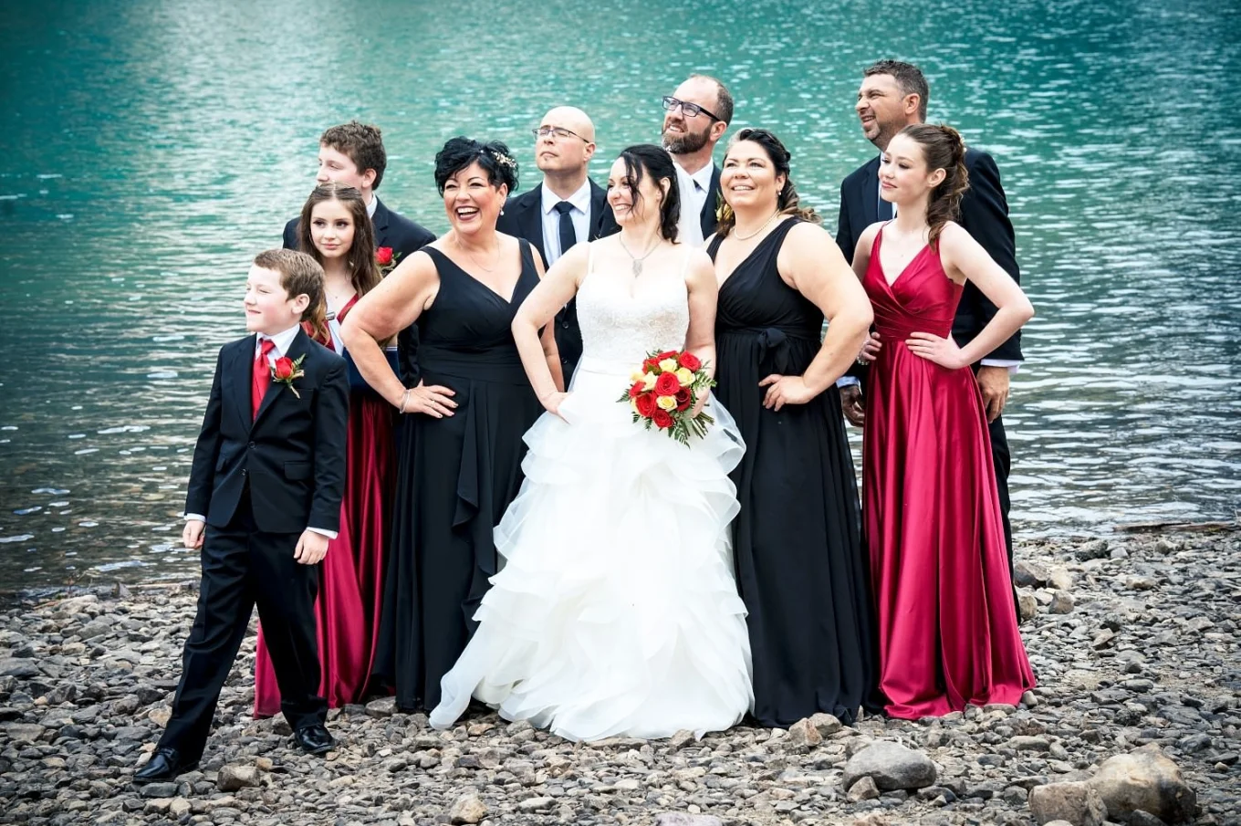 Bridal Party attracted by a bird. The all look at the sky and smile.