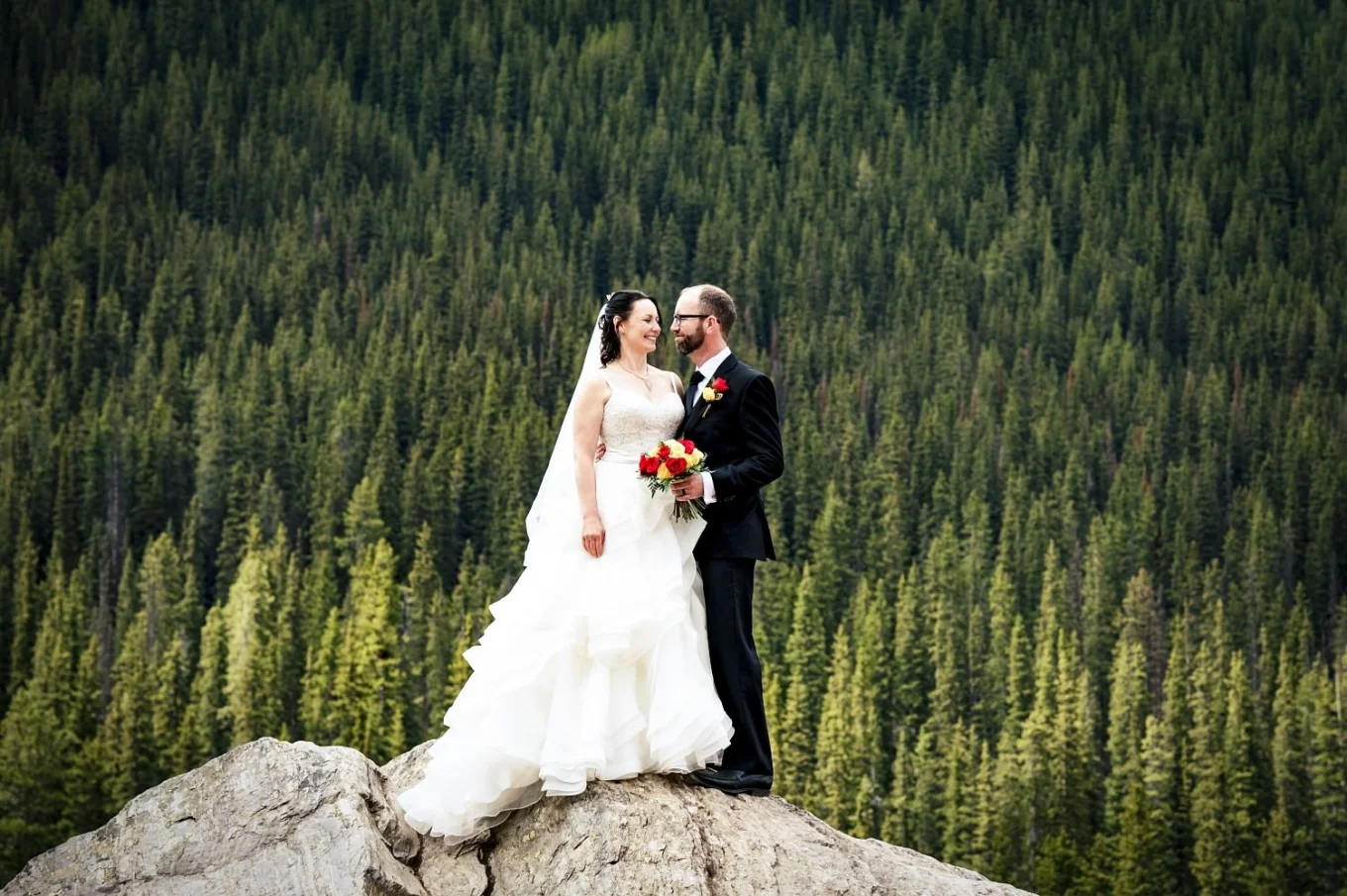 Newlyweds portrait in the rock against green forest