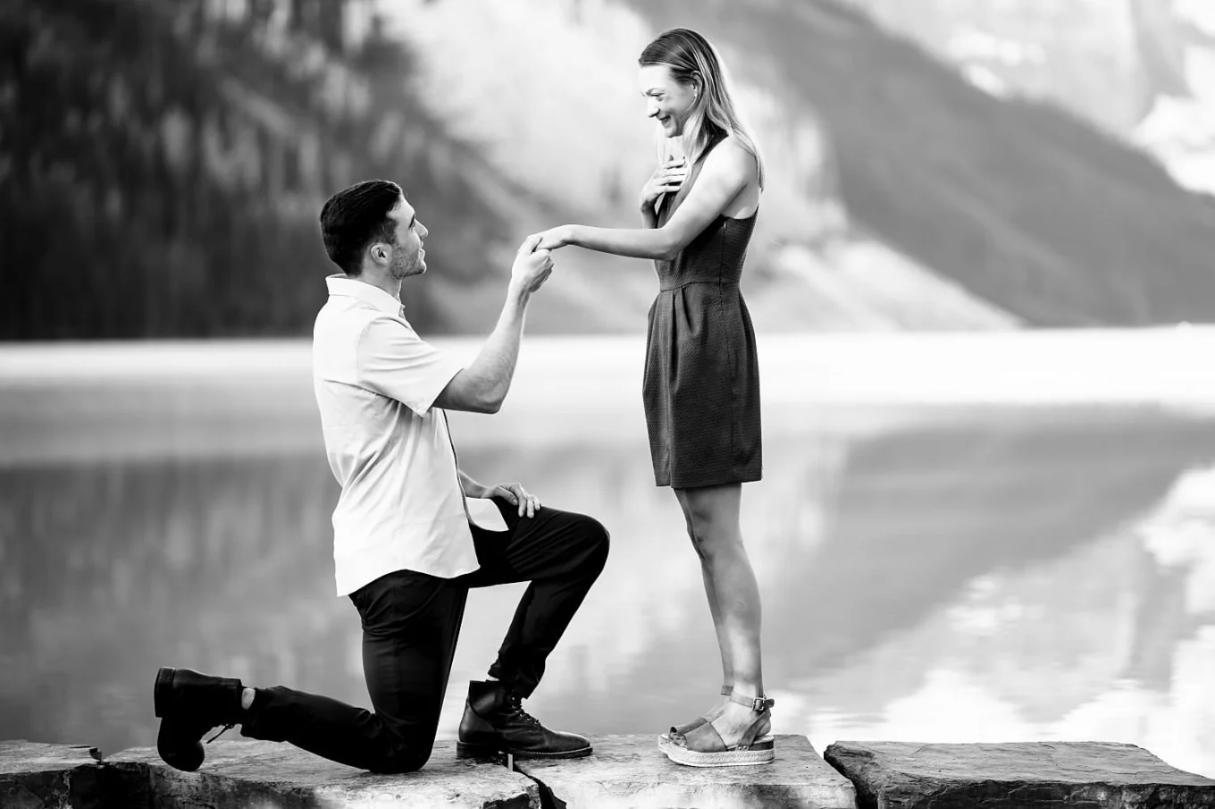 Proposal at Lake Louise. Men went down the knee with the ring in his hand.