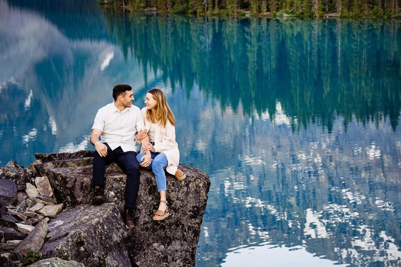 Banff Wedding Photographer created this romantic engagement portrait by the Moraine Lake.