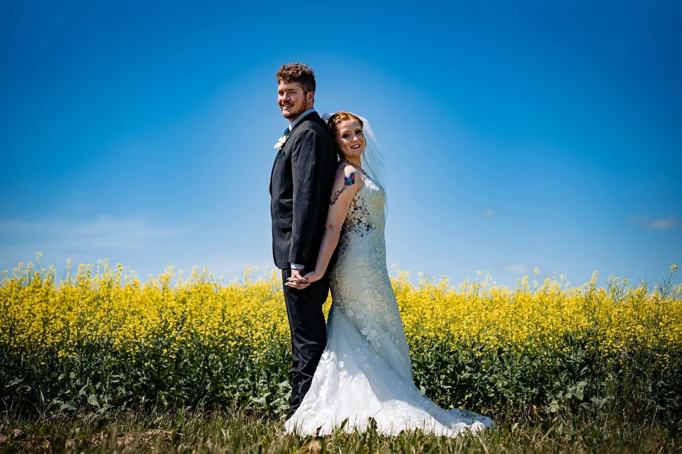 Newlyweds stand back to back and hold hands in canola filed in Calgary.