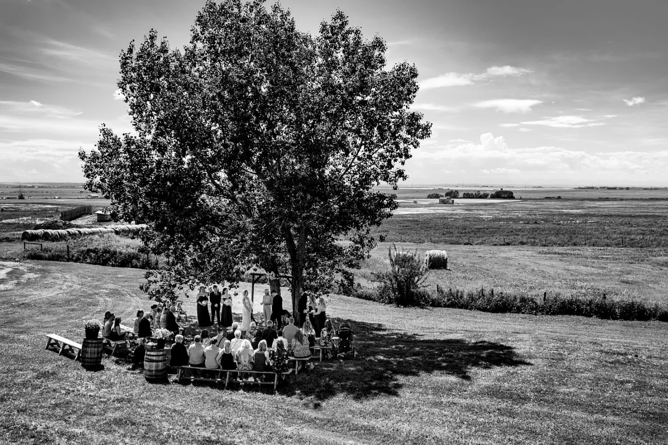 Black and white photograph of the wedding ceremony in the cowboy city of Calgary.