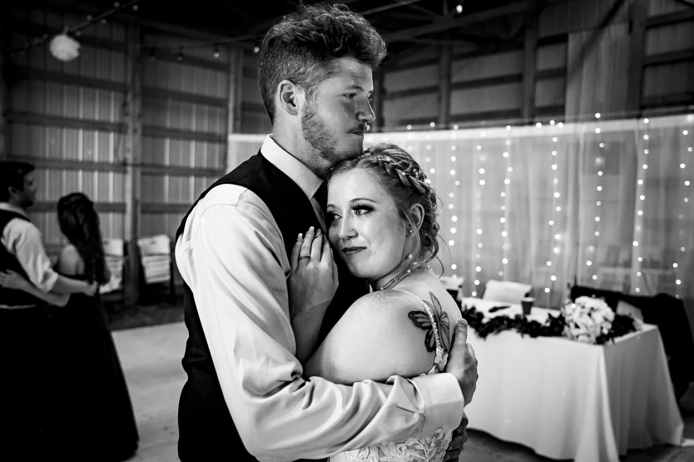 First dance on countryside wedding in Calgary. Bride's getting emotional. Calgary Wedding Photographer captured priceless moment.