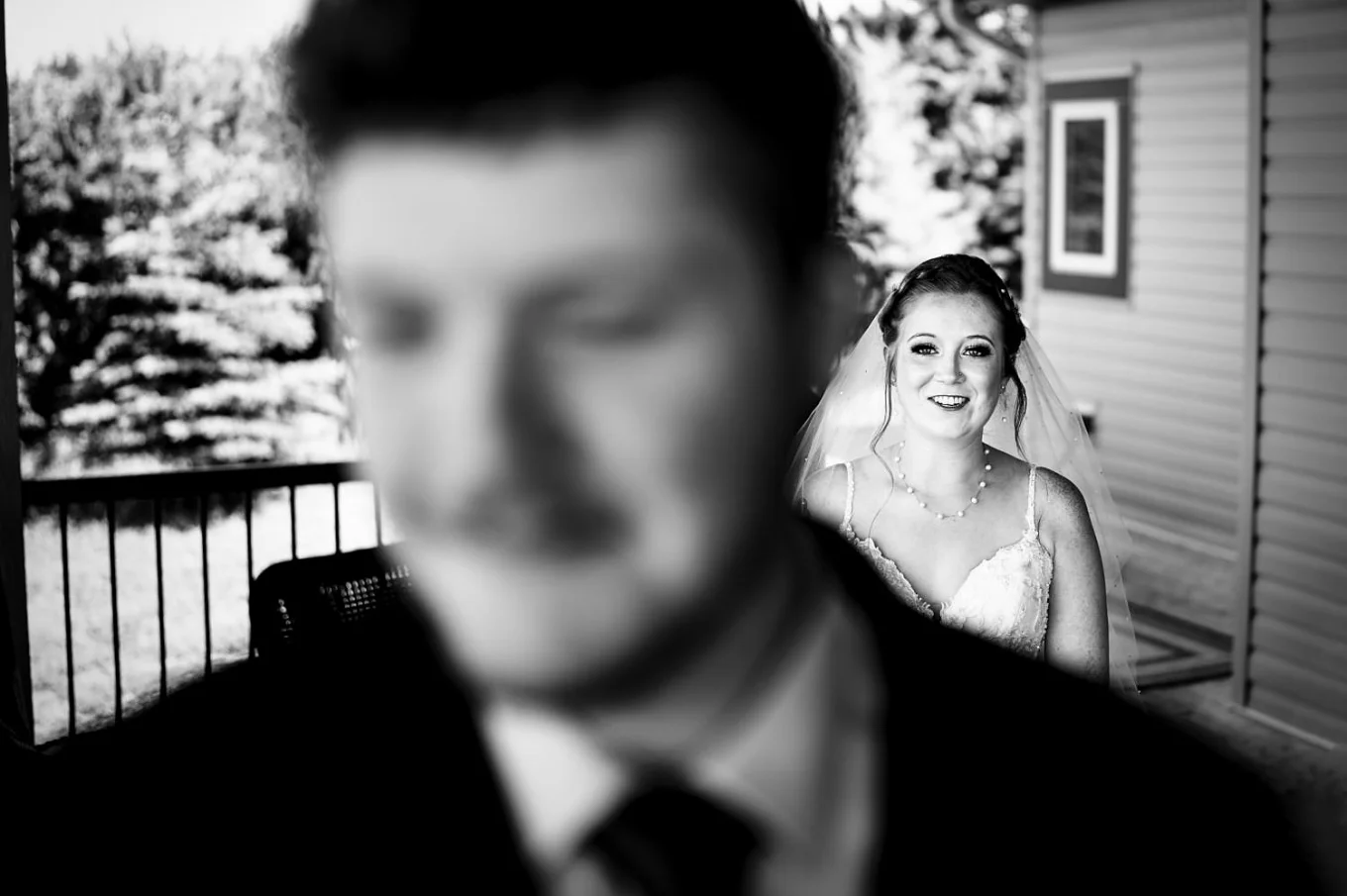 Before the first look. Bride goes slowly to approach her future husband.