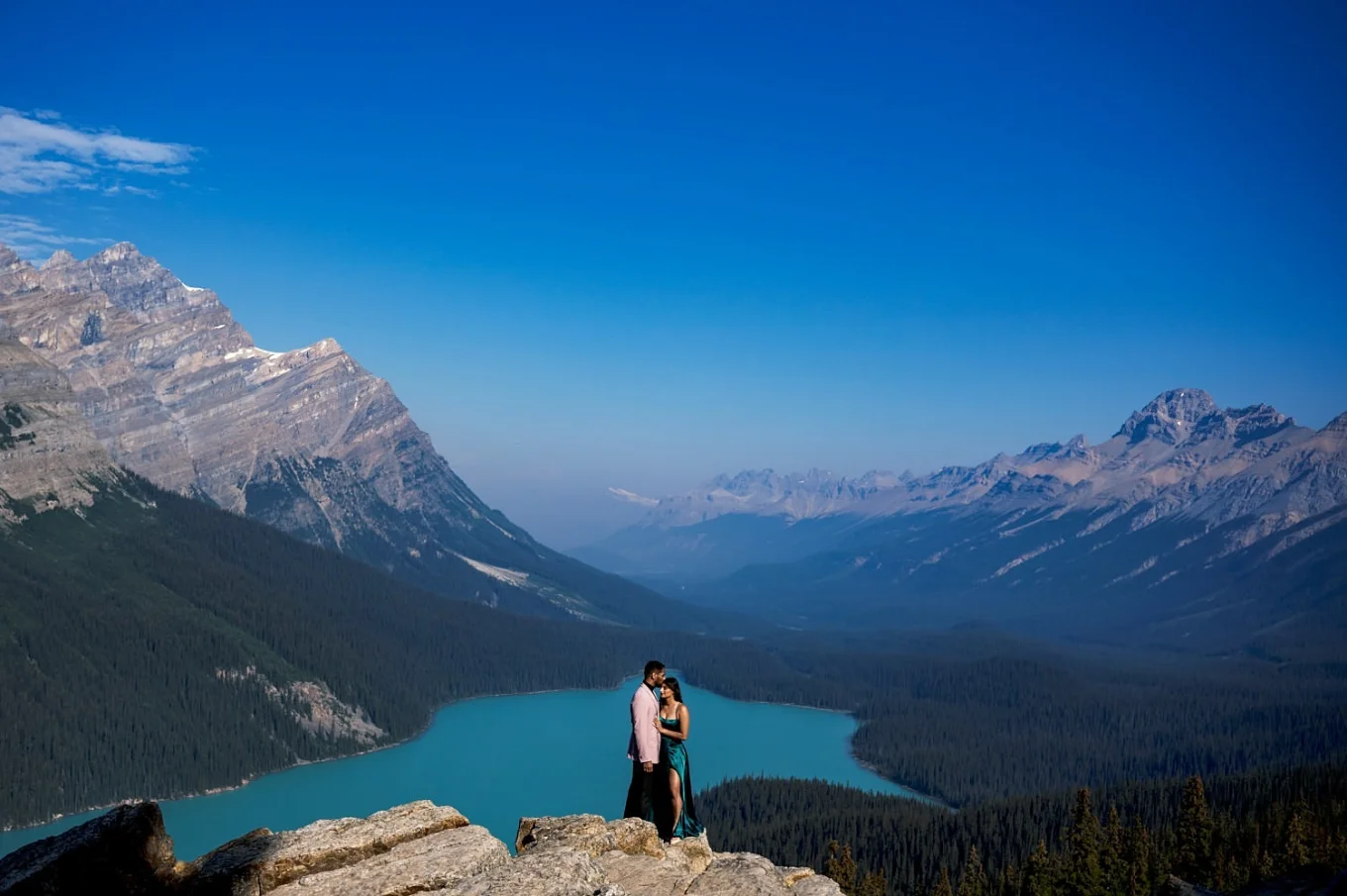 Amazing pre wedding photograph at turquoise Peyto Lake in the Canadian Rockies.